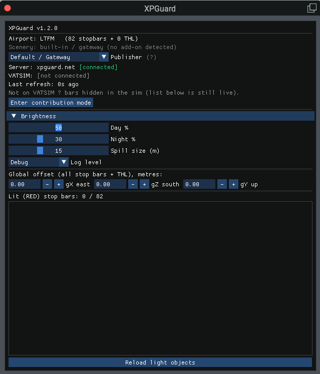 XPGuard control panel — status block and Brightness sliders